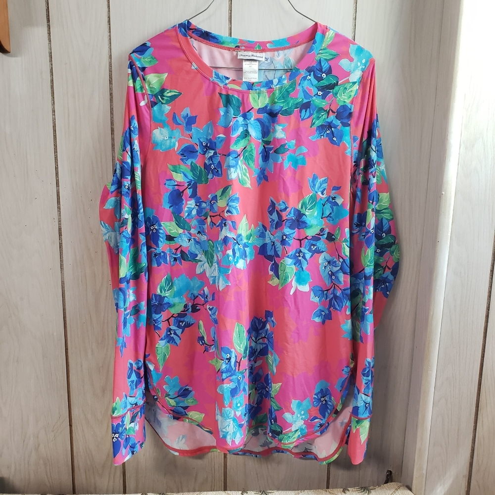 Tommy Bahama Pink and Blue Floral Printed Long Sleeve Shirt Womens Summer Top L